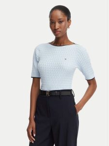 Tommy Hilfiger Sweter Fine Gg Cable Boat WW0WW50103 Niebieski jasny Regular Fit. Niebieskie swetry klasyczne TOMMY HILFIGER, xs, z bawełny, bez kołnierzyka. Za 489,99 zł.