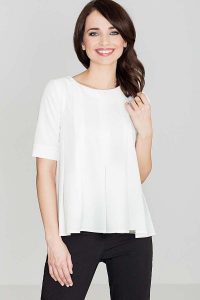Elegancka Ecru Bluzka z Kontrafałdami z Przodu. Czerwone bluzki Katrus, m, bez wzorów, z materiału, eleganckie, bez kołnierzyka, bez ramiączek. Za 199,00 zł.