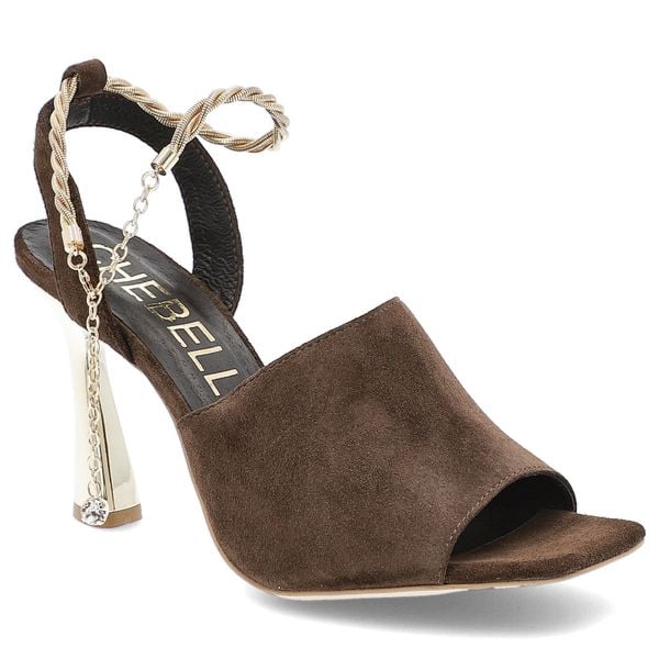 Sandały damskie Chebello, na szpilce ze złotym paskiem wokół kostki skórzane eleganckie, brązowe, 4440-105-000-PSK-S135. Brązowe sandały CheBello, bez wzorów, z weluru, bez obcasa, na obcasie, bez zapięcia. Za 485,90 zł.