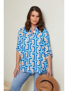 Curvy Lady Bluzka w kolorze niebiesko-białym rozmiar: 44/46. Niebieskie bluzki Curvy Lady, bez wzorów, klasyczne, bez kołnierzyka, bez ramiączek. Za 98,95 zł.