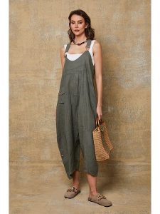 Fleur de Lin Lniane ogrodniczki "Bridget" w kolorze khaki rozmiar: XL. Brązowe kombinezony Fleur de Lin, xl, bez wzorów, ze lnu, bez kołnierzyka, bez ramiączek. Za 252,95 zł.