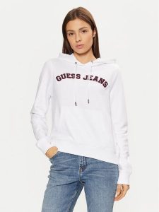 Guess Jeans Bluza W5RQ17 K68I4 Biały Regular Fit. Białe bluzy Guess Jeans, xxl, z aplikacjami, z bawełny, bez kaptura. Za 209,99 zł.