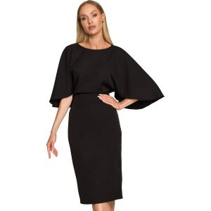 Sukienka elegancka ołówkowa z szerokimi rękawami czarna z pelerynką. Czarne sukienki Sukienki.shop, na komunię, m, bez wzorów, eleganckie, bez kołnierzyka, bez ramiączek, ołówkowe. Za 309,00 zł.