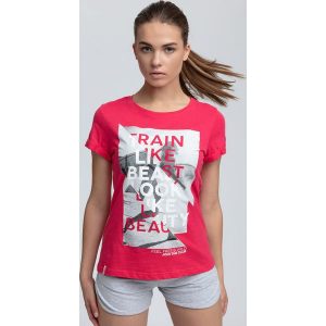 T-shirt damski TSD015 - czerwony. Czerwone t-shirty marki 4f, z nadrukiem, z bawełny, z krótkim rękawem. W wyprzedaży za 49,99 zł.