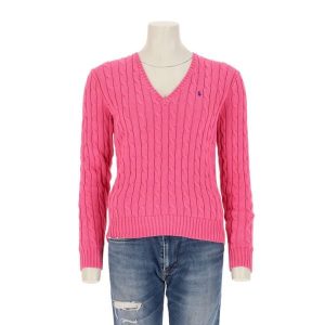 Second life - Damski różowy sweter z dekoltem w serek - Jak nowy. Czerwone golfy Ralph Lauren, bez wzorów. Za 255,56 zł.