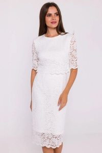 Elegancka ołówkowa dwuczęściowa sukienka koronkowa ecru. Sukienki Stylove, xl, bez wzorów, z koronki, eleganckie, bez kołnierzyka, bez ramiączek, ołówkowe. Za 449,00 zł.