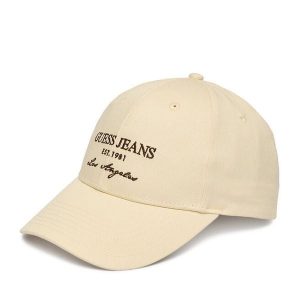Czapka z daszkiem Guess Jeans. Brązowe czapki Guess Jeans, z aplikacjami, z jeansu. Za 79,99 zł.