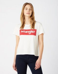 WRANGLER BOX LOGO TEE DAMSKI T-SHIRT KOSZULKA OFFWHITE W7P3EV737 112132038. Bluzki Wrangler, xs, bez wzorów, bez kołnierzyka, bez ramiączek. Za 59,99 zł.
