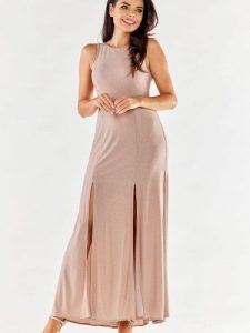 Sukienka Model A549 Beige - awama. Brązowe sukienki Awama, na ślub cywilny, l, bez wzorów, z elastanu, eleganckie, bez kołnierzyka, bez ramiączek, maxi, dopasowane. Za 334,28 zł.