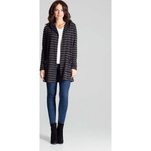Czarny Niezapinany Sweter w Paski z Kapturem. Czarne kardigany Katrus, z elastanu. Za 219,00 zł.