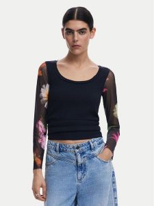 Desigual Bluzka Flint 25SWTK93 Czarny Slim Fit. Czarne bluzki Desigual, m, bez wzorów, z bawełny, bez kołnierzyka, bez ramiączek. Za 169,99 zł.