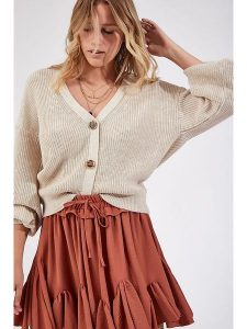 Happiness Istanbul Kardigan w kolorze kremowym rozmiar: S/M. Brązowe kardigany Happiness Istanbul, ze splotem. Za 87,61 zł.