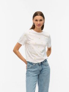 Vero Moda Koszulka w kolorze białym rozmiar: L. Białe bluzki Vero Moda, l, bez wzorów, z bawełny, bez kołnierzyka, bez ramiączek. Za 43,88 zł.