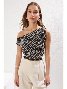 Trendyol Top w kolorze czarno-beżowym rozmiar: M. Czarne topy Trendyol, m, bez wzorów, bez kołnierzyka, bez ramiączek. Za 68,95 zł.