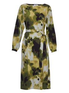 MOSS COPENHAGEN Sukienka "Daniella Diena" ze wzorem rozmiar: XS. Zielone sukienki Moss Copenhagen, na co dzień, s, bez wzorów, z wiskozy, bez kołnierzyka, bez ramiączek, midi, proste. Za 109,78 zł.