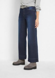 Dżinsy wide leg, mid waist, ze stretchem. Niebieskie spodnie z wysokim stanem bonprix, bez wzorów, z jeansu. Za 109,99 zł.