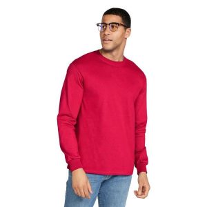 Ultra Bawełniana Koszulka Z Długim Rękawem Unisex Dla Dorosłych. Czerwone bluzki GILDAN, xl, bez wzorów, z bawełny, sportowe, bez kołnierzyka, bez ramiączek. Za 107,99 zł.