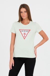 GUESS Zielony t-shirt Original Tee. Zielone t-shirty Guess, s, z aplikacjami, z bawełny, bez kołnierzyka, bez ramiączek. W wyprzedaży za 127,99 zł.