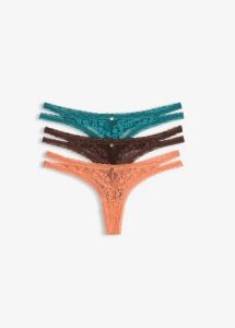 Stringi tanga z koronką w kwiaty (3 szt.). Brązowe stringi bonprix, bez wzorów, z koronki. Za 94,99 zł.
