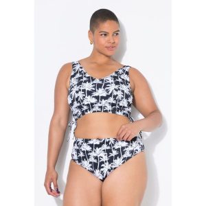 Damski Top od bikini miękkie miseczki nadruk z motywem palm marszczone tasiemki. Czarne bikini Ulla Popken, bez wzorów, z elastanu. Za 139,99 zł.