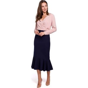 Atramentowa Ołówkowa Midi Spódnica z Falbanką. Niebieskie spódnice MAKEOVER, l, bez wzorów, z elastanu, midi. Za 144,91 zł.