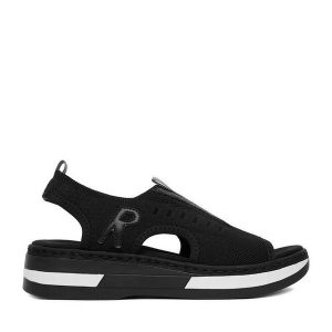 Sandały Rieker. Czarne sandały Rieker, bez wzorów, bez obcasa, na koturnie, bez zapięcia. Za 319,99 zł.