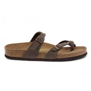 Klapki unisex Birkenstock 071061. Brązowe klapki Birkenstock, bez wzorów, z materiału, bez obcasa. Za 405,90 zł.