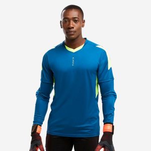 Bluza bramkarska dla dorosłych Kipsta F500. Niebieskie bluzy KIPSTA, m, bez wzorów, z elastanu, bez kaptura. W wyprzedaży za 59,99 zł.