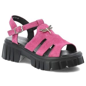 Sandały damskie Vinceza, cholewka ze skóry naturalnej zamszowej ażurowe wycięcia z przodu, różowe, 79627. Czerwone sandały VINCEZA, w ażurowe wzory, ze skóry, bez obcasa, na obcasie, bez zapięcia. Za 159,00 zł.