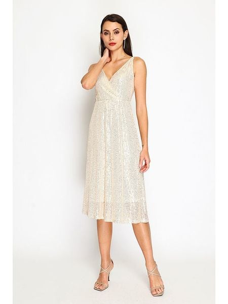 ASSUILI Sukienka w kolorze beżowym rozmiar: 36. Brązowe sukienki Assuili, bez wzorów, klasyczne, bez kołnierzyka, bez ramiączek, midi. Za 156,61 zł.