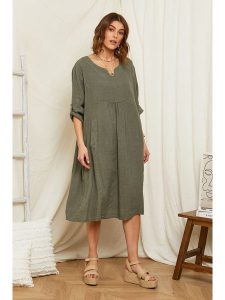 Rodier Lin Lniana sukienka w kolorze oliwkowym rozmiar: L/XL. Brązowe sukienki Rodier Lin, na co dzień, l, bez wzorów, ze lnu, bez kołnierzyka, bez ramiączek, maxi, proste. Za 176,50 zł.