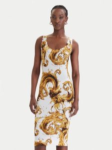 Versace Jeans Couture Sukienka codzienna 80HAO946 JS533 Biały Slim Fit. Białe sukienki Versace Jeans Couture, na co dzień, bez wzorów, z jeansu, bez kołnierzyka, bez ramiączek, proste. Za 698,99 zł.