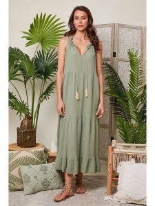 Lin Passion Sukienka w kolorze zielonym rozmiar: 34/36. Zielone sukienki Lin Passion, bez wzorów, z bawełny, klasyczne, bez kołnierzyka, bez ramiączek, midi. Za 145,60 zł.