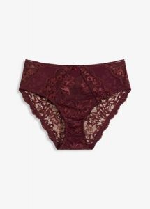 Figi z wysokim stanem z delikatnej koronki. Czerwone figi bonprix, bez wzorów, z koronki. Za 42,99 zł.