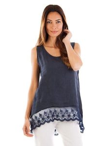 Lin Passion Lniany top w kolorze granatowym rozmiar: 40/42. Niebieskie topy Lin Passion, bez wzorów, z koronki, klasyczne, bez kołnierzyka, bez ramiączek. Za 173,99 zł.
