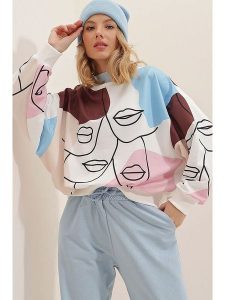 Trendyol Bluza w kolorze kremowo-błękitno-brązowym rozmiar: S. Brązowe bluzy Trendyol, s, bez wzorów, z bawełny, bez kaptura. Za 79,21 zł.