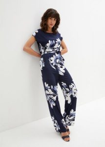 Kombinezon z wiązanym paskiem. Niebieskie kombinezony bonprix, bez wzorów, eleganckie, bez kołnierzyka, bez ramiączek. Za 179,99 zł.