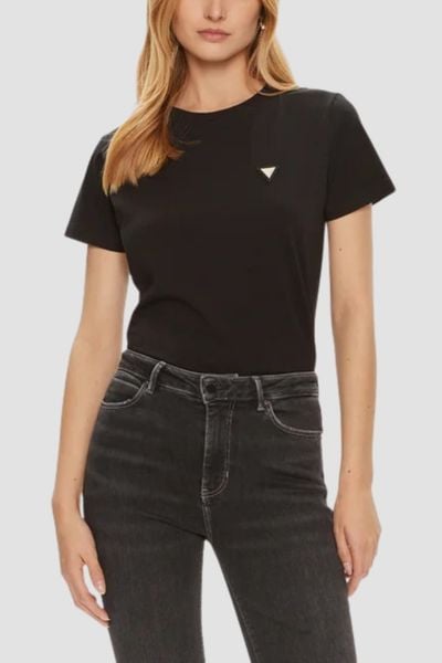 GUESS Czarny damski t-shirt na krótki rękaw Colette, Rozmiar S. Czarne t-shirty Guess, s, z aplikacjami, bez kołnierzyka, bez ramiączek. Za 189,99 zł.