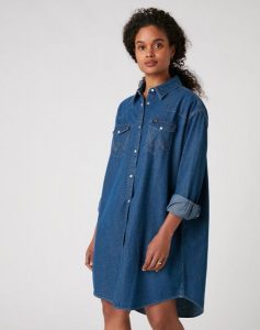 WRANGLER DENIM WESTERN DRESS MID DAMSKA SUKIENKA INDIGO W9P6LWX8E 112132457. Niebieskie sukienki Wrangler, s, bez wzorów, z denimu, bez kołnierzyka, bez ramiączek. Za 269,99 zł.