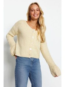 Trendyol Kardigan w kolorze kremowym rozmiar: L. Brązowe kardigany Trendyol, ze splotem. Za 78,99 zł.