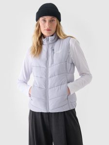 4F Bezrękawnik puchowy z wypełnieniem syntetycznym damski - szary M. Szare kamizelki 4f, m, bez wzorów, z poliesteru, bez kołnierzyka, bez ramiączek, bez kaptura. W wyprzedaży za 129,99 zł.