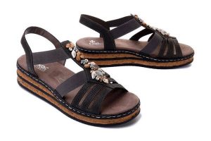 RIEKER 62949-45 grey, sandały damskie. Szare sandały Rieker, bez wzorów, bez obcasa, na koturnie, bez zapięcia. Za 179,94 zł.