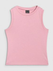 4F Top slim gładki damski - różowy S. Czerwone topy 4f, s, bez wzorów, z bawełny, klasyczne, bez kołnierzyka, bez ramiączek. Za 39,99 zł.