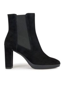 Geox Botki D Walk Pleasure 85 D35TFC 00021 C9999 Czarny. Czarne botki Geox, bez wzorów, ze skóry, bez obcasa, na słupku, bez zapięcia. Za 549,99 zł.