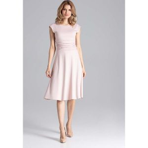 Elegancka Różowa Rozkloszowana Sukienka z Zaznaczoną Talią. Czerwone sukienki Figl, xl, bez wzorów, z elastanu, eleganckie, bez kołnierzyka, bez ramiączek, rozkloszowane. Za 289,00 zł.