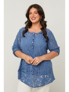 Curvy Lady Bluzka w kolorze niebieskim rozmiar: 40/42. Niebieskie bluzki Curvy Lady, bez wzorów, z koronki, klasyczne, bez kołnierzyka, bez ramiączek. Za 109,78 zł.