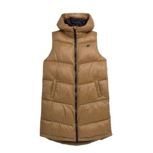 Kamizelka Damska 4F. Brązowe kamizelki 4f, bez wzorów, z puchu, bez kołnierzyka, bez ramiączek, bez kaptura. Za 232,99 zł.