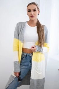 Sweter Kardigan w pasy szary+żółty. Szare długie swetry KESI, l, z wełny, bez kołnierzyka, plus size. Za 178,78 zł.