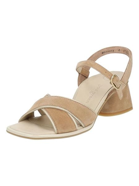 Paul Green Skórzane sandały w kolorze jasnobrązowym rozmiar: 38,5. Brązowe sandały Paul Green, bez wzorów, ze skóry, z otwartym noskiem, bez obcasa, na koturnie, bez zapięcia. Za 283,48 zł.