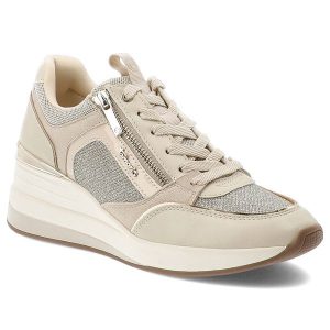 Beżowe Sneakersy Tamaris Eleganckie Obuwie Damskie Na Koturnie. Brązowe czółenka Tamaris, z aplikacjami, z materiału, bez obcasa, na koturnie, bez zapięcia. Za 399,00 zł.